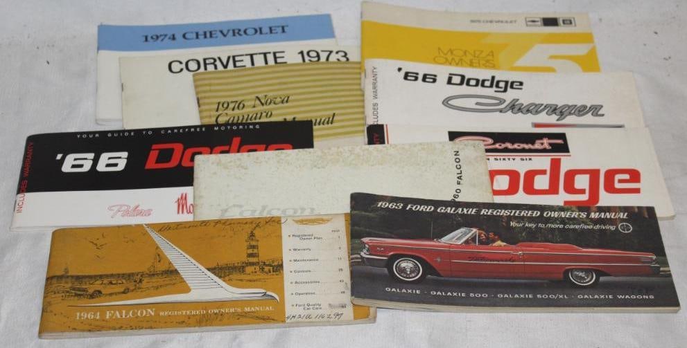 Group of 10 Ford, Chevrolet, Dodge Owners Manuals; 1960's-1970's: Corvette, Charger, Nova, Falcon, Galaxy 500; The largest is 9" x 4"