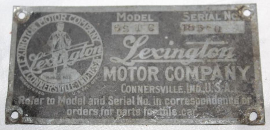 1910-1913 Lexington Motor Car Co Serial Data Tag: 2.25" x 4.5"
