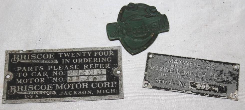 Group of 3 Maxwell Briscoe Serial Data Tags and Emblem (1 of 2)