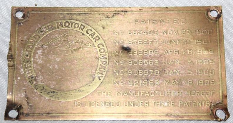1909-1910 Chandler Motor Car Co Brass Data Tag Emblem (1 of 2)
