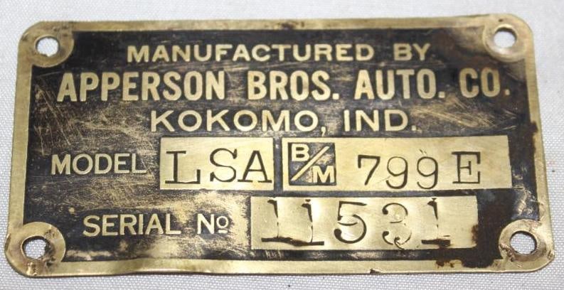 1910's Apperson Automobile Co Brass Serial Data Tag Emblem (1 of 2)