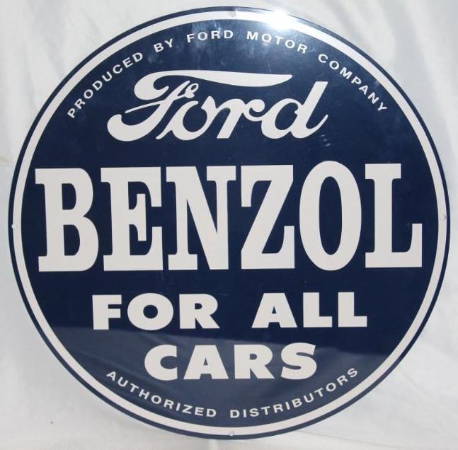 Ford Benzol "For All Cars" Advertising Sign - Reproduction: 23.5" Diameter. Single Sided Metal