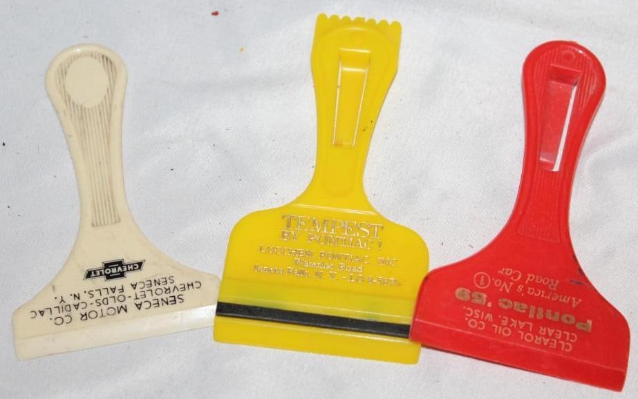 Group of 3 General Motors Advertising Dealership Ice Scrapers Pontiac, Chevrolet: largest 5.25" x 2.75"