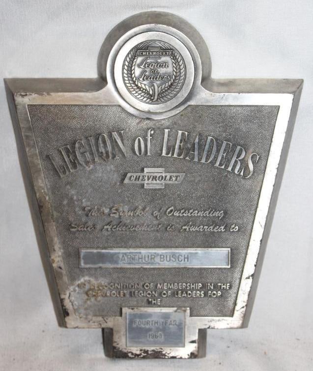 1963 Chevrolet Legion of Leaders Sales Award Plaque: 11" x 9" x 1"