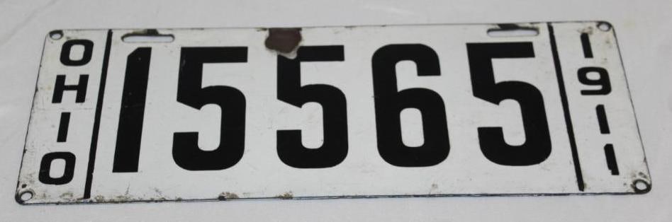 1911 Ohio Porcelain License Plate: 14" x 5.5"