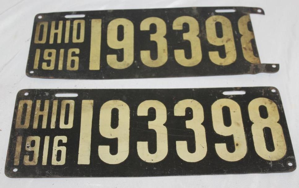 Pair of 1916 Ohio License Plates: one plate has been cut, 14" x 5.5" each