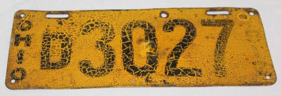 1917 Ohio 4 Digit Dealer License Plate: has an extra hole at the top, 13.75" x 5.5"