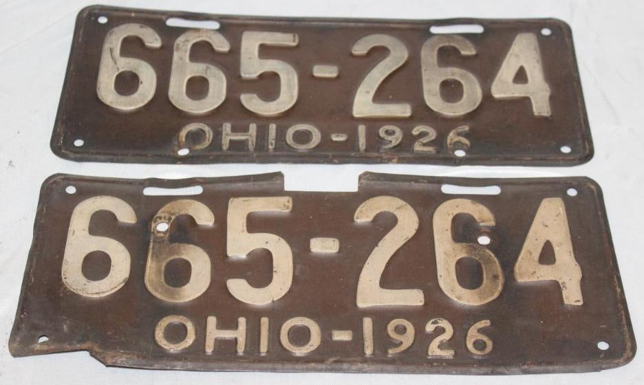 Pair of 1926 Ohio License Plates: both have extra holes, one plate has been modified, 13.75" x 5.75" each