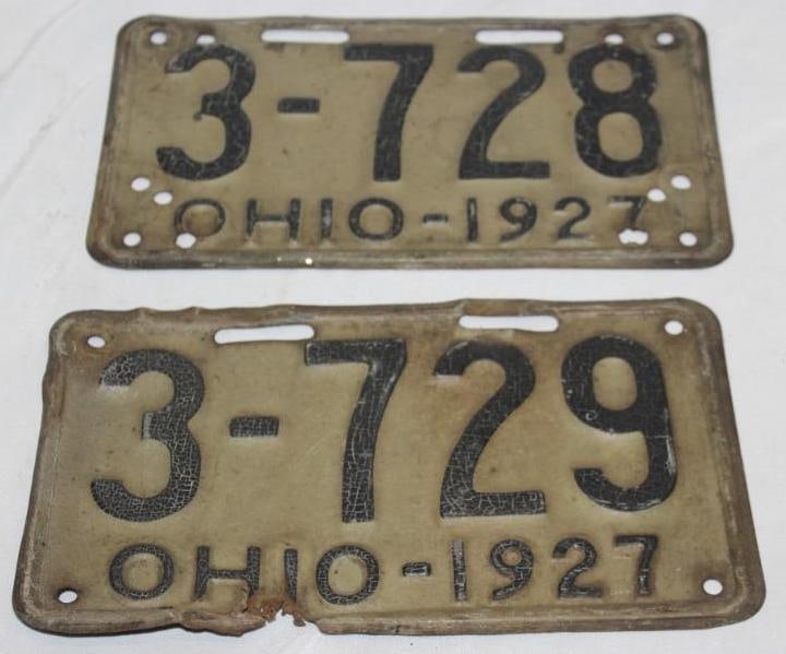Group of 2 1927 Ohio 4 Digit Shortys License Plates: both have extra holes, 10" x 5.75" each