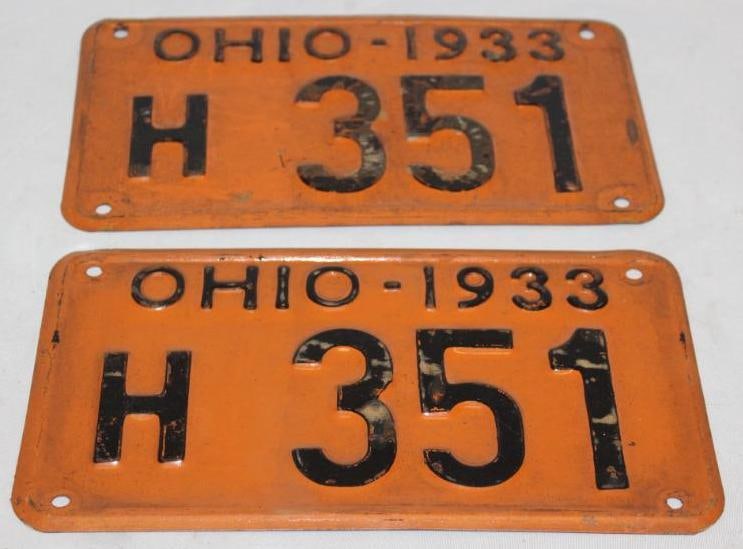 Pair of 1933 Ohio 3 Digit Shorty License Plates: nice original paint, 10" x 5.75" each