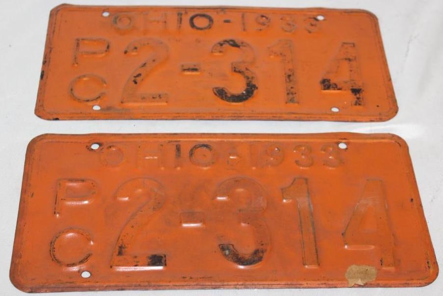 Pair of 1933 Ohio PC 4 Digit Shorty License Plates: 12" x 6" each