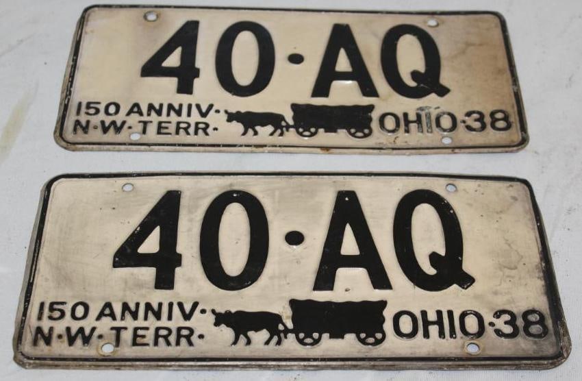 Pair of 1938 Ohio 150th Anniversary 4 Digit License Plates: 12" x 5.75" each