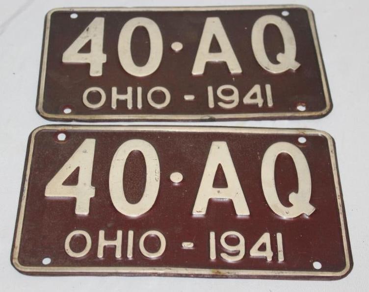 Pair of 1941 Ohio 4 Digit Shorty License Plates: 10" x 5.75" each