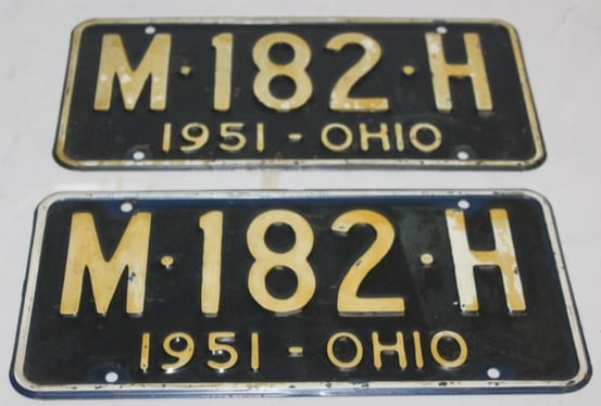 Pair of 1951 Ohio License Plates: 12" x 6" each