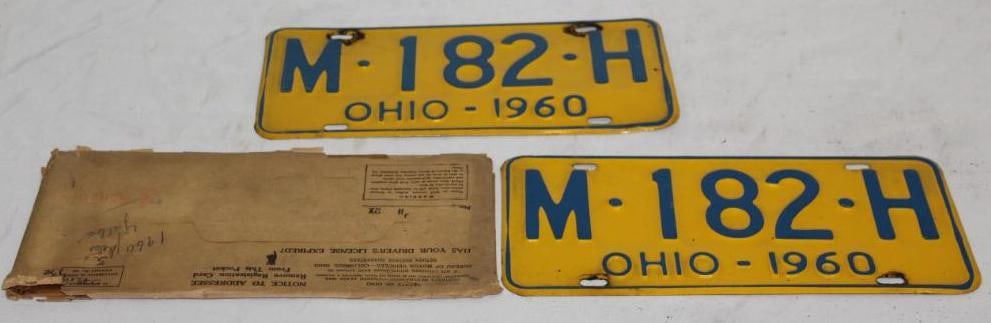 Pair of 1960 Ohio License Plates: w/ original mailing envelope, 12" x 6" each