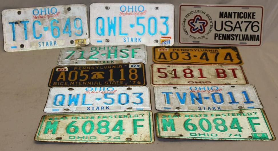 Group of 11 1966-1997 Ohio & Pennsylvania License Plates: 12" x 6" each