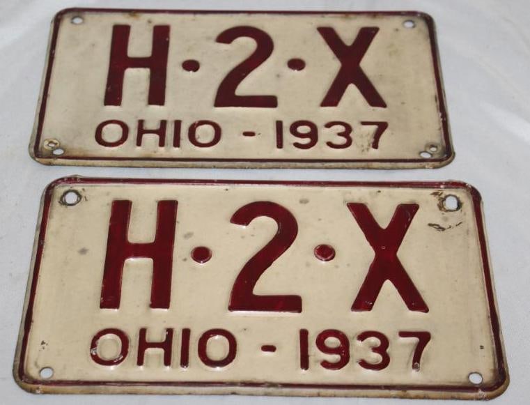 Pair of 1937 Ohio 3 Digit Shorty License Plates H2X: has 2 extra holes, 10" x 5.75" each