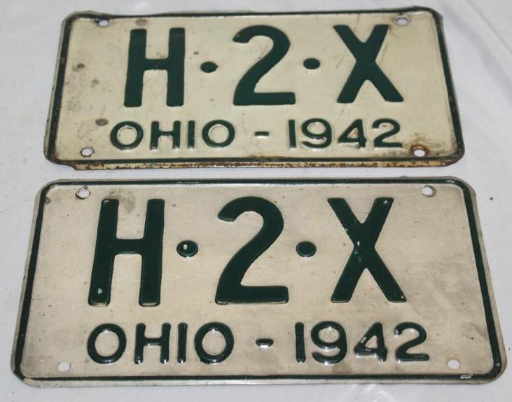 Pair of 1942 Ohio 3 Digit Shorty License Plates H2X: 10" x 5.75" each