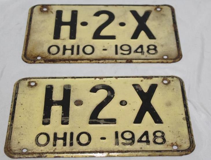 Pair of 1948 Ohio 3 Digit Shorty License Plates H2X: 10" x 5.75" each