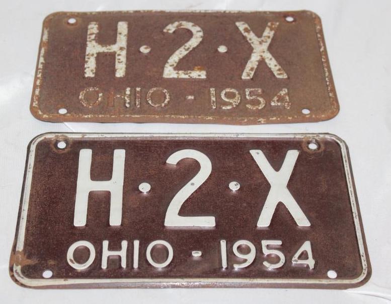 Pair of 1954 Ohio 3 Digit Shorty License Plates H2X: 10" x 5.75" each