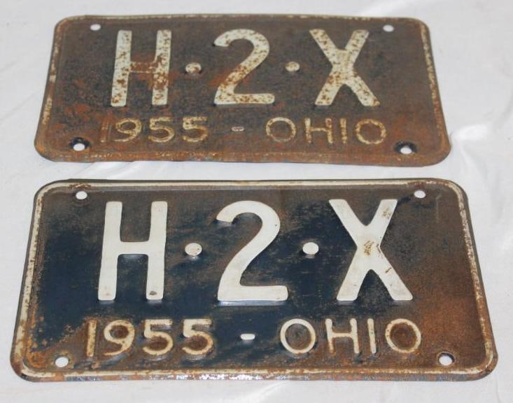 Pair of 1955 Ohio 3 Digit Shorty License Plates H2X: 10" x 5.75" each