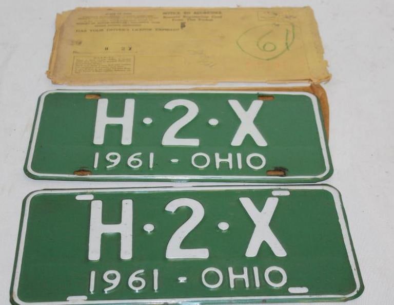 Pair of 1961 Ohio License Plates H2X: w/ original mailing envelope, 12" x 6" each