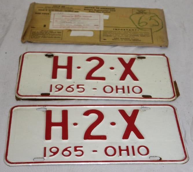 Pair of 1965 Ohio License Plates H2X: w/ original mailing envelope, 12" x 6" each