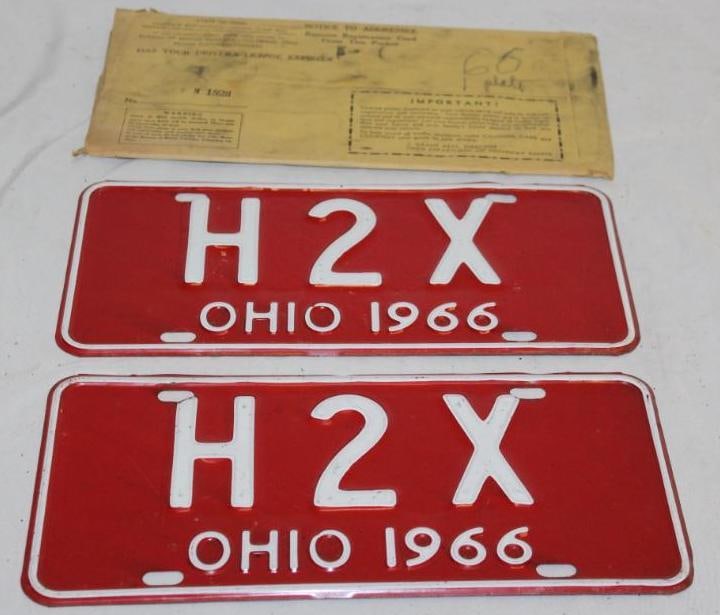 Pair of 1966 Ohio License Plates H2X: w/ original mailing envelope, 12" x 6" each
