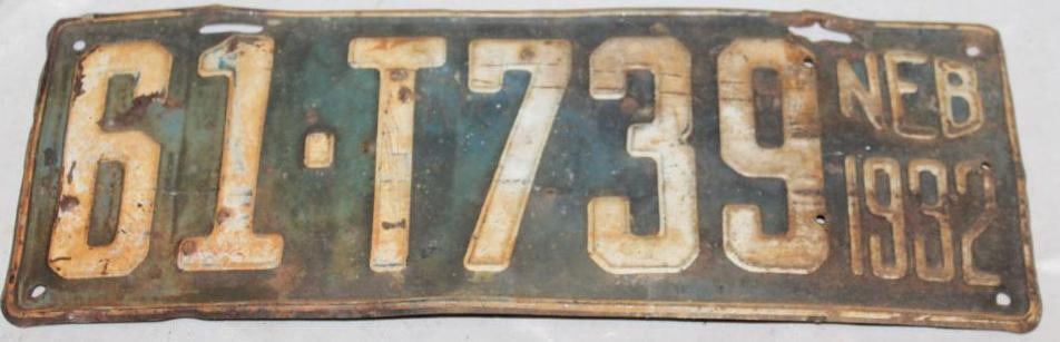 1932 Nebraska NE License Plate: 14.75" x 5.75" extra holes