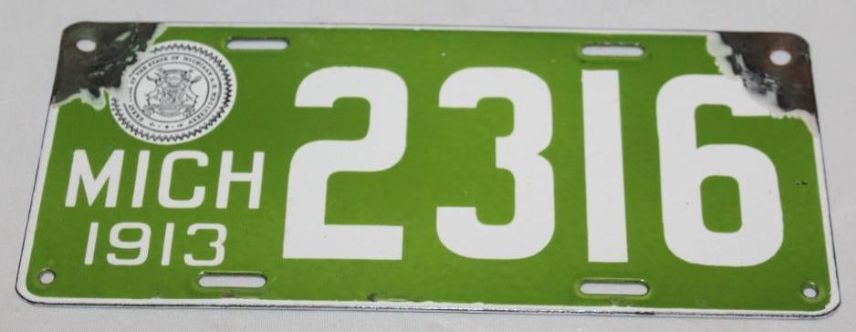1913 Michigan 4 Digit Porcelain License Plate: has nice color and gloss, 10.25" x 4.5"