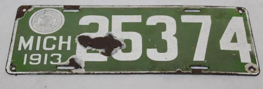 1913 Michigan 5 Digit Porcelain License Plate: 12" x 4.5"