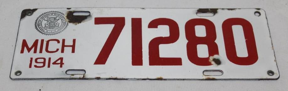 1914 Michigan 5 Digit Porcelain License Plate: has nice color and gloss, 12" x 4.5"