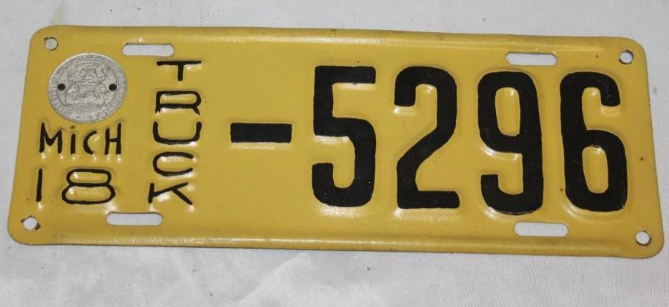 1918 Michigan Truck 4 Digit License Plate: this plate has been repainted, 12" x 4.5"