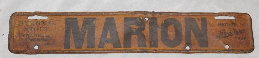 Marion Michigan City License Plate Extension Studebaker Advertising: 13" x 2.25"
