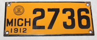 1912 Michigan Porcelain Motorcycle License Plate