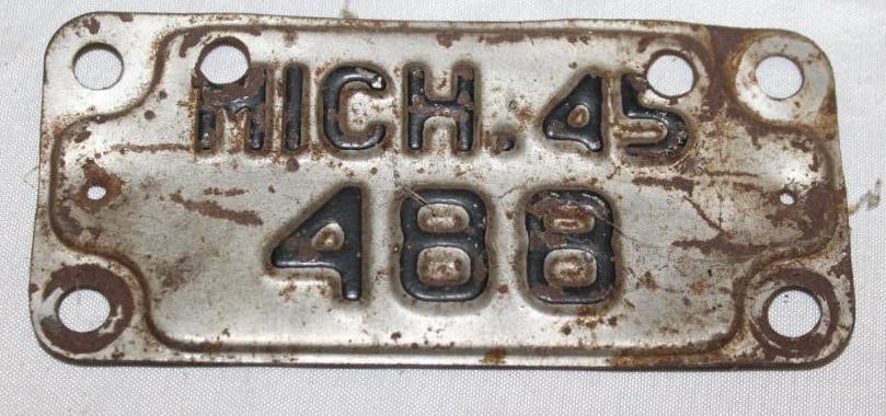 1945 Michigan Motorcycle License Plate - 3 Digit (1 of 2)