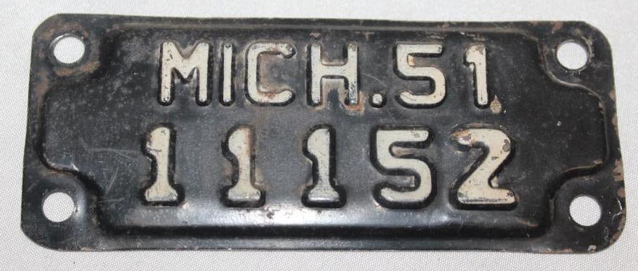 1951 Michigan Motorcycle License Plate: 4" x 1.75" original paint