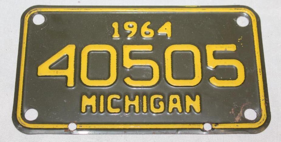 1964 Michigan Motorcycle License Plate: 6.25" x 3.5" original paint