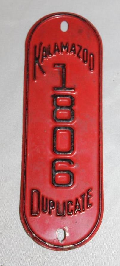 Kalamazoo Duplicate Michigan Bicycle Vertical License Plate (1 of 2)