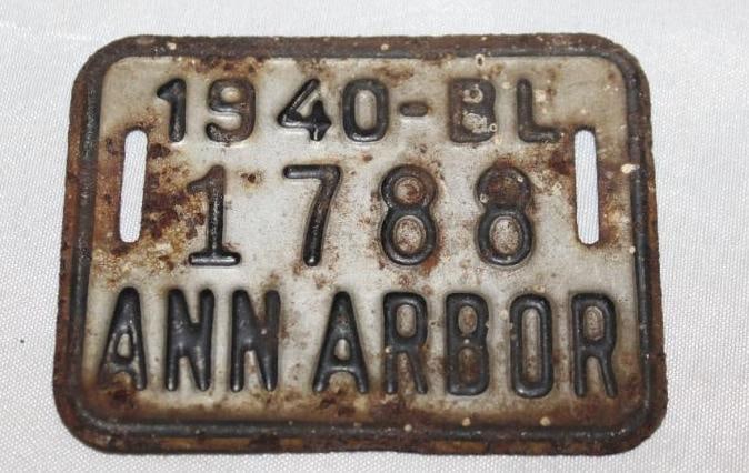 1940 Ann Arbor Michigan Bicycle License Plate: 2.75" x 2"