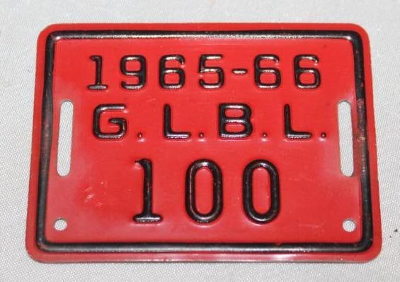 1965-1966 GLBL Grand Ledge Michigan Bicycle License Plate #100 (1 of 2)
