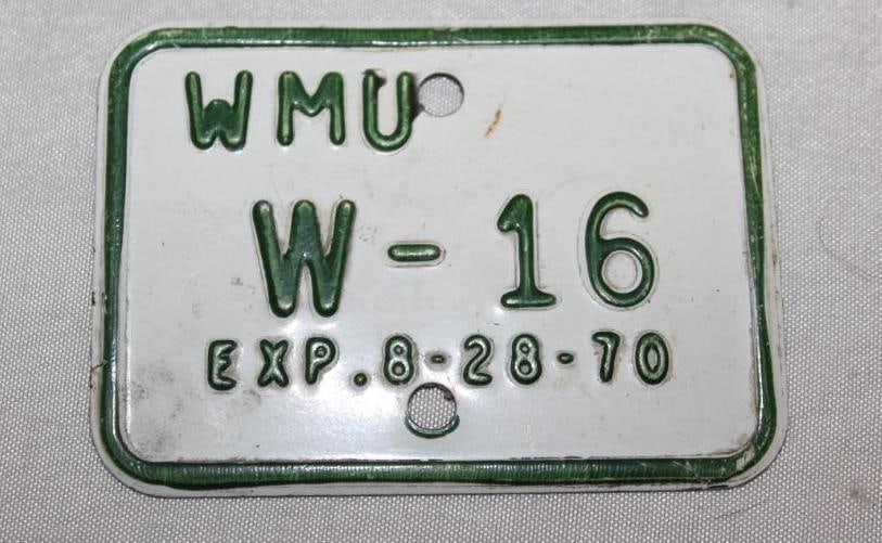 1970 WMU Western Michigan Bicycle License Plate #W16: 2.5" x 2"