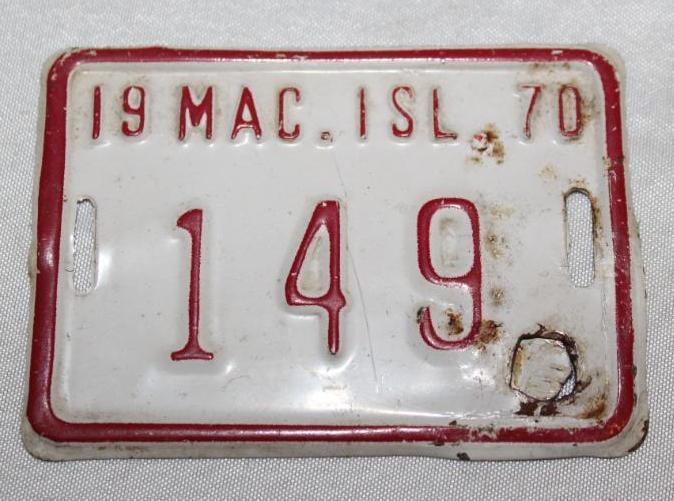 1970 Mackinac Island Michigan Bicycle License Plate #149: 2.5" x 2"