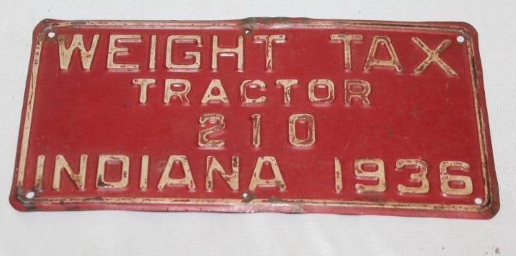 1936 Indiana Embossed Tractor Tax Weight Plate: 8" x 4"
