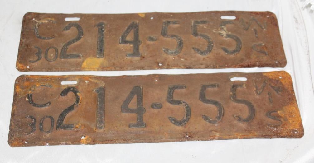 Pair of 1930 Wisconsin WI License Plates: 16.5" x 4.75"