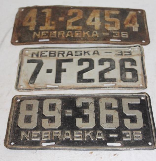 Group of 3 1930's Nebraska NE License Plates: 12.5" x 5.5"