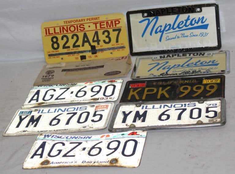 Group of 9 License Plates, Frames, Booster Plates, and Temporary Tag: 12" x 6"