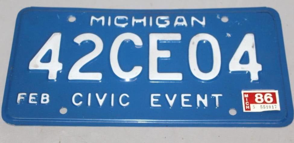 1986 Michigan Civic Event License Plate: 12" x 6"
