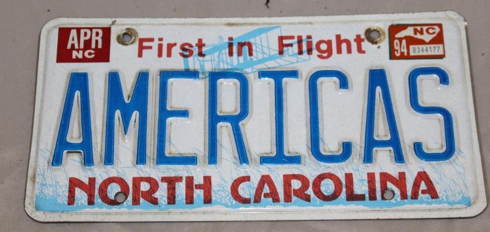 1994 North Carolina "Americas" Vanity Plate License Plate (1 of 2)