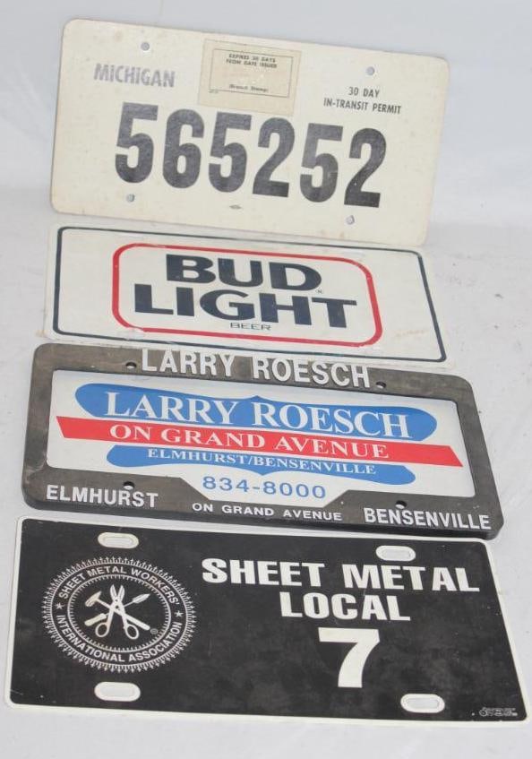 Group of 5 Booster License Plates and Frames: Bud Lights, Sheet Metal, Temporary Tag; 12" x 6"
